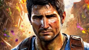 Nathan Drake in Uncharted, in an intense action scene, highly detailed and colorful