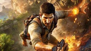 Nathan Drake in Uncharted, in an intense action scene, highly detailed and colorful