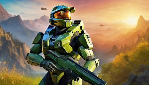 Master Chief from Halo Infinite, ultra Detailed, and colorful, with a beautiful background