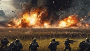 Two Giant modern armies fighting each other in a huge field, big explosions, super detailed, dark, scary, and extremely highly detailed