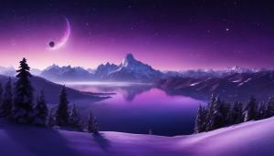 snowy mountains, with a planet in the sky, purple and dark colors, with a lake in the distance, stars in the sky, crescent moon visible, with some low fog, lots of trees, no animals