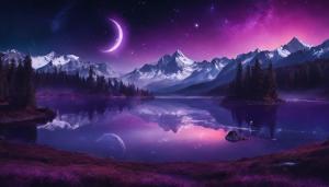 snowy mountains, with a planet in the sky, purple and dark colors, with a lake in the distance, stars in the sky, crescent moon visible, with some low fog, lots of trees, no animals