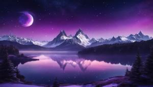 snowy mountains, with a planet in the sky, purple and dark colors, with a lake in the distance, stars in the sky, crescent moon visible, with some low fog, lots of trees, no animals