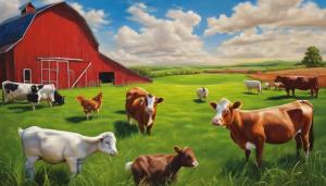 farm, lots of farm animals, green grass, blue sky, clouds, red barn, fantasy, hyper realistic