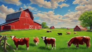 farm, lots of farm animals, green grass, blue sky, clouds, red barn, fantasy, hyper realistic