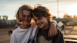 A candid shot of young best friends dirty, at the skatepark, natural afternoon light, Canon EOS R5, 100mm, F 1.2 aperture setting capturing a moment, cinematic