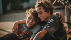 A candid shot of young best friends dirty, at the skatepark, natural afternoon light, Canon EOS R5, 100mm, F 1.2 aperture setting capturing a moment, cinematic