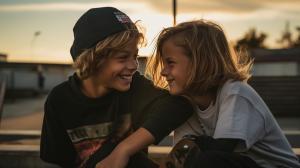 A candid shot of young best friends dirty, at the skatepark, natural afternoon light, Canon EOS R5, 100mm, F 1.2 aperture setting capturing a moment, cinematic