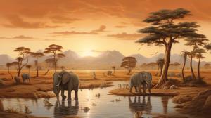 Elephants and zebras in the desert oasis