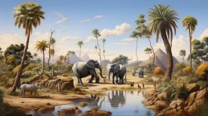 Elephants and zebras in the desert oasis