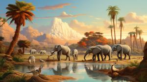 Elephants and zebras in the desert oasis