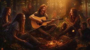 Young people having fun around a campfire. Drinking, playing guitar and laughing a lot. They are in a clearing in a wood, with tents around them.