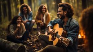 Young people having fun around a campfire. Drinking, playing guitar and laughing a lot. They are in a clearing in a wood, with tents around them.