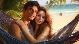 Amazing beach with a hammock on two palm trees. A cute guy and a beautiful girl in it. Photorealistic style.