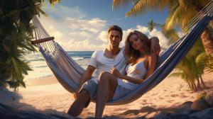 Amazing beach with a hammock on two palm trees. A cute guy and a beautiful girl in it. Photorealistic style.