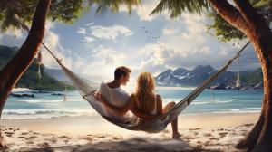 Amazing beach with a hammock on two palm trees. A cute guy and a beautiful girl in it. Photorealistic style.