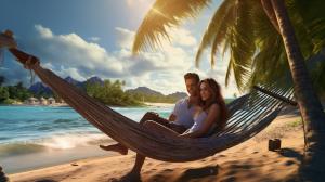 Amazing beach with a hammock on two palm trees. A cute guy and a beautiful girl in it. Photorealistic style.