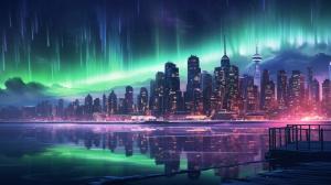 Aurora Borealis above a city with skyscrapers