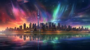 Aurora Borealis above a city with skyscrapers