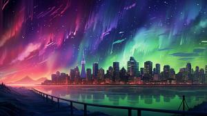 Aurora Borealis above a city with skyscrapers