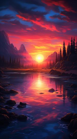 Amazing sunset over a beautiful river. Photorealistic style.