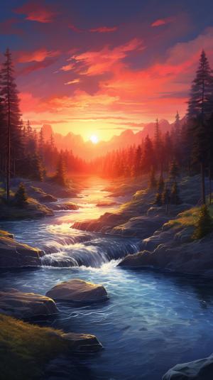 Amazing sunset over a beautiful river. Photorealistic style.