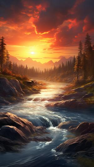 Amazing sunset over a beautiful river. Photorealistic style.