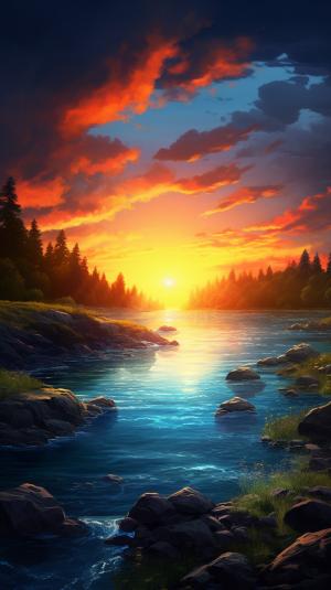 Amazing sunset over a beautiful river. Photorealistic style.