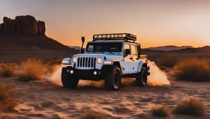 A Jeep Wranger 4 door, white in color in the desert at sunset