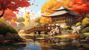 A digital painting of a serene Japanese garden in autumn, with a tea house, koi pond, and maple trees with falling leaves, with an anime-inspired art style reminiscent of Studio Ghibli films.