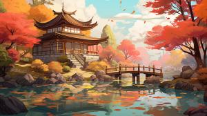 A digital painting of a serene Japanese garden in autumn, with a tea house, koi pond, and maple trees with falling leaves, with an anime-inspired art style reminiscent of Studio Ghibli films.