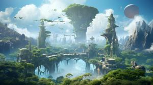 A mystical landscape of floating islands, ancient ruins, and magical artifacts, in a high-fantasy digital art style inspired by the environments in the game Final Fantasy.