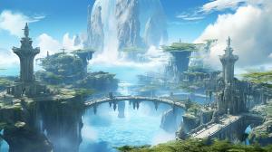 A mystical landscape of floating islands, ancient ruins, and magical artifacts, in a high-fantasy digital art style inspired by the environments in the game Final Fantasy.