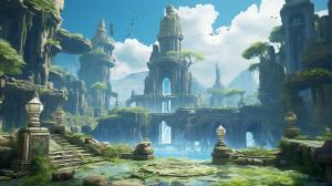 A mystical landscape of floating islands, ancient ruins, and magical artifacts, in a high-fantasy digital art style inspired by the environments in the game Final Fantasy.