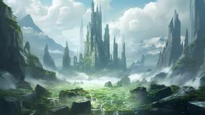 A mystical landscape of floating islands, ancient ruins, and magical artifacts, in a high-fantasy digital art style inspired by the environments in the game Final Fantasy.