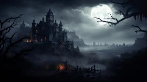 A haunting gothic horror scene of an abandoned mansion on a hill, with fog, full moon, and shadowy figures, in a digital painting style reminiscent of the Castlevania game series.