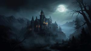 A haunting gothic horror scene of an abandoned mansion on a hill, with fog, full moon, and shadowy figures, in a digital painting style reminiscent of the Castlevania game series.