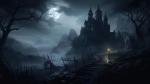 A haunting gothic horror scene of an abandoned mansion on a hill, with fog, full moon, and shadowy figures, in a digital painting style reminiscent of the Castlevania game series.