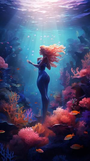 A serene underwater scene with a mermaid sitting on a rock, surrounded by colorful coral reefs and fish, in a digital art style with a focus on lighting and water effects.