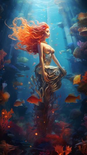 A serene underwater scene with a mermaid sitting on a rock, surrounded by colorful coral reefs and fish, in a digital art style with a focus on lighting and water effects.