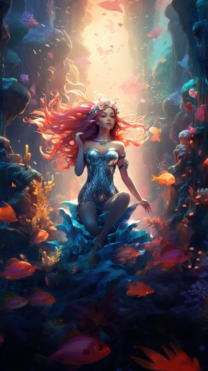 A serene underwater scene with a mermaid sitting on a rock, surrounded by colorful coral reefs and fish, in a digital art style with a focus on lighting and water effects.