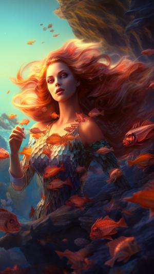 A serene underwater scene with a mermaid sitting on a rock, surrounded by colorful coral reefs and fish, in a digital art style with a focus on lighting and water effects.