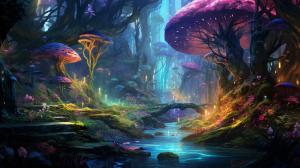 A vibrant and whimsical fantasy forest with magical creatures, glowing plants, and a flowing river, in a digital painting style inspired by video games like Ori and the Blind Forest.