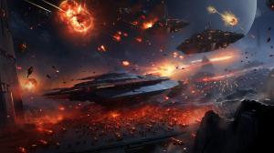 A digital painting of a space battle scene, with intricate spaceships, laser beams, and explosions, inspired by the epic scale and visual style of Star Wars.