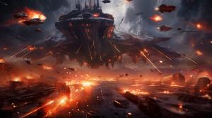 A digital painting of a space battle scene, with intricate spaceships, laser beams, and explosions, inspired by the epic scale and visual style of Star Wars.