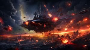 A digital painting of a space battle scene, with intricate spaceships, laser beams, and explosions, inspired by the epic scale and visual style of Star Wars.