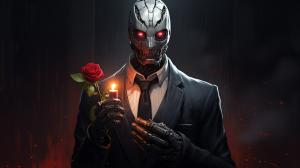 Portrait of a robot detective, holding a rose in his hand