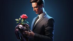 Portrait of a robot detective, holding a rose in his hand