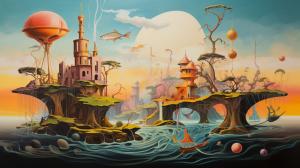 A surrealist painting that depicts a dreamlike scene with floating islands, bizarre creatures, and distorted perspectives, inspired by Salvador Dalí and Max Ernst, with intricate details and vibrant colors.