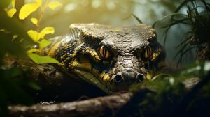 Giant anaconda yellow eyes stalking prey, detailed vegetation and waterfall in amazon rainforest background, cinematic shoot, ultrareal, morning light